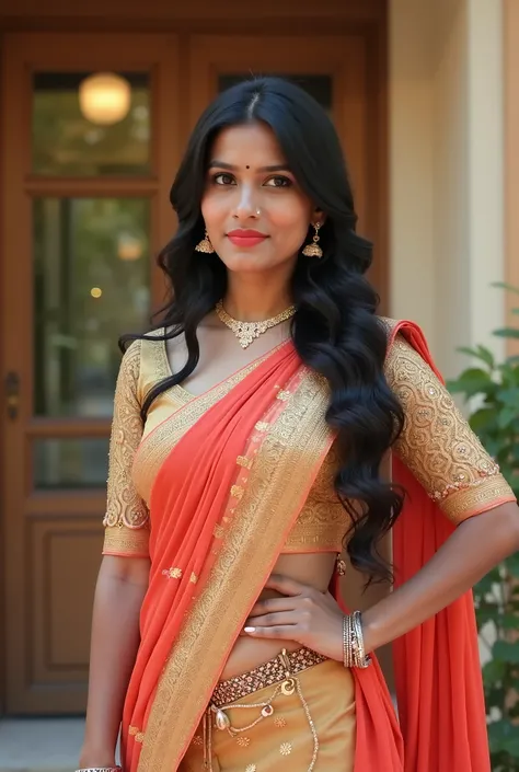 "Aanya, a 25-year-old Indian girl, Aanya in a gorgeous saree with modern elements like a cropped blouse or trendy accessories. She’s standing in front of a traditional yet chic backdrop, her hand on her hip as she gazes confidently into the camera, the ima...