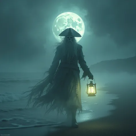 A ghostly pirate figure with a glowing lantern, walking along a foggy beach, full moon in the background, eerie and haunting atmosphere