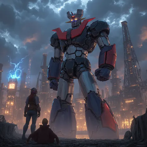  Modified Mazinger Z ,  Mazinger Z is 100 meters tall.   is built with modern materials such as steel ,   Carbon Fiber  ,   Other industrial elements are also visible  ,  Just like the real thing  ,   I'm standing in front of a tall tower where high voltag...