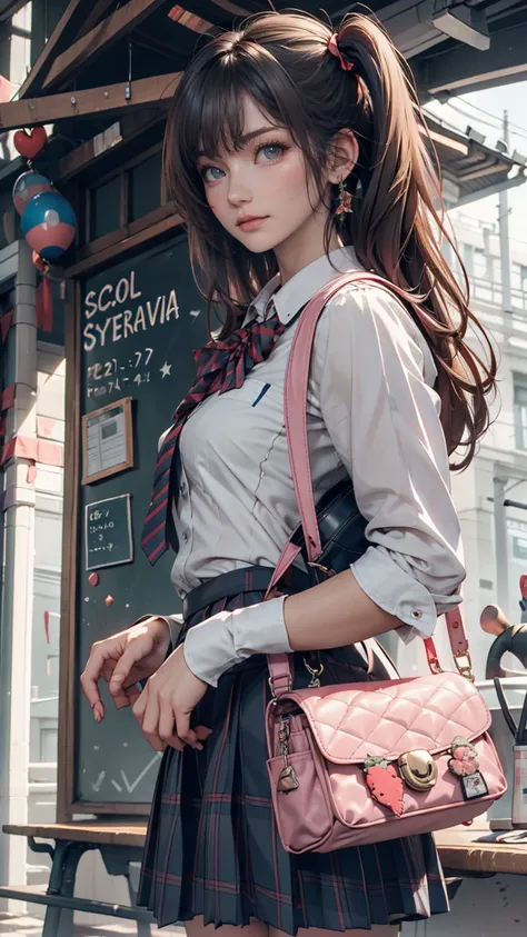 1 girl,  standing, deadline_hideadlinex style, Home,  school uniform,  school bag, twin tails, Vespa Primavera（Vespa Primavera）Get on、rying bag