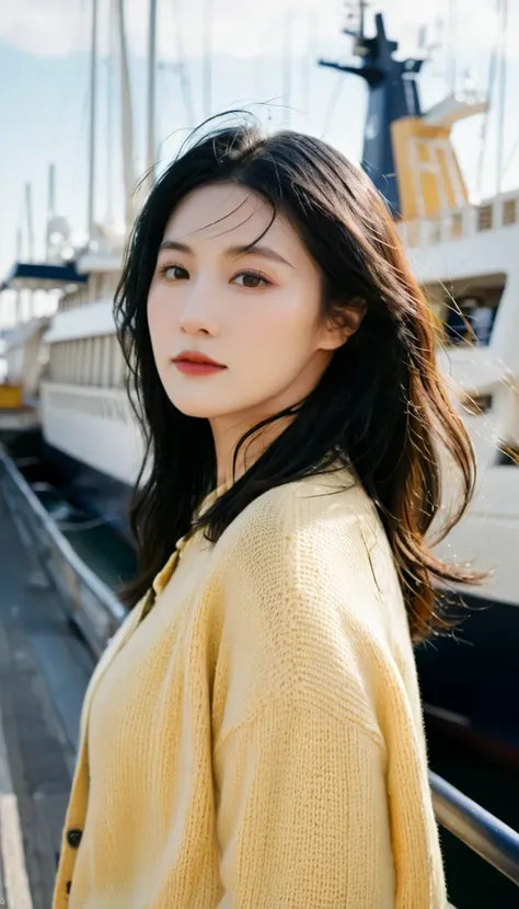 1 girl, alone, Age 30 , happy, Close view ,(adult),semi blonde long black hair, with wind and facing away from the viewer, yellow cardigan, portrait photo turn around portrait,(background is cruiser, ships in port of pier)