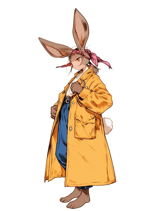 Bipedal rabbit、yellow old coat、deep blue pants、FightingPause、 has spread her legs 、solo、Put your whole body on the screen、high resolution,  Masterpiece, accurate, top quality,  white simple background 