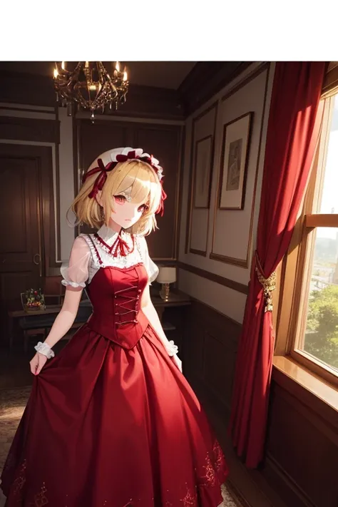  detailed depiction of up to the front door、((Flandre Scarlet from Touhou Project))、((( Flandor Scarlet)))、(((Red maid outfit)))、  red eyes、(((I can see the red moon from my room)))、(((White nightcap )))、((((The inside of the room is dark and only Flandor'...