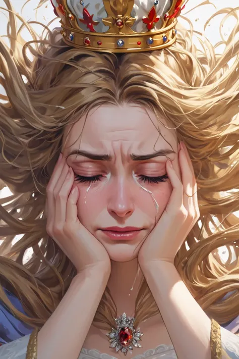 
"A queen, her majesty shattered, frustration etched on her face, runs trembling hands through her wildly tangled hair."

I added more descriptive language to paint a vivid picture of the queen's emotional state and actions. Tearing Up, Tears, Sad, portrai...