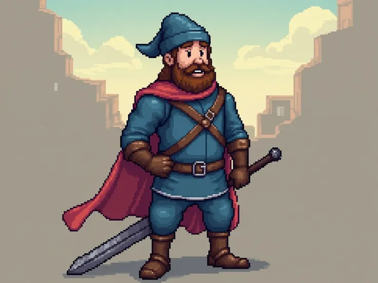 to create a 32x64 character in pixel art, according to information:
# Morning Guard

### Setting:

A medieval world, uma  city grande e bem protegida, surrounded by guards, a period of many attacks from the outside world.

### Who the character is:

A form...