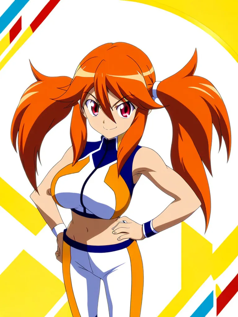  1girl ,Alone,Strong-willed,Winning spirit,midriff,sleeveless,orange hair,long hair,red eyes,slant eyes,hobby anime,anime,smile,sporty,big breasts,twintail,bangs,furturistic,furturistic clothes,full body,right hand on own hip,closed mouth,red and yellow sh...