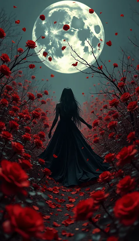 Hyper-realistic, high detail. A dramatic top-down shot captures Death waltzing alone in a vast garden of crimson roses, petals scattered like blood on the thorn-covered ground. From above, her black gown swirls like a sea of shadows, contrasting against th...