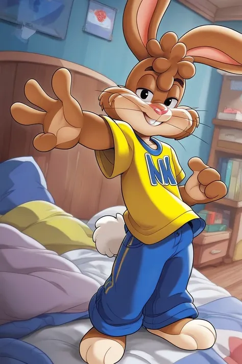 masterpiece, best quality, 8k, quicky,4 fingers,brown fur, blue pants, yellow t-shirt, bedroom eyes, standing, young adult, puffy hair, tall, cute version of quicky, cute rabbit hair, furry, rabbit, male, eyeshadow, slim,solo,looking_at_viewer, bed‚ sleepi...