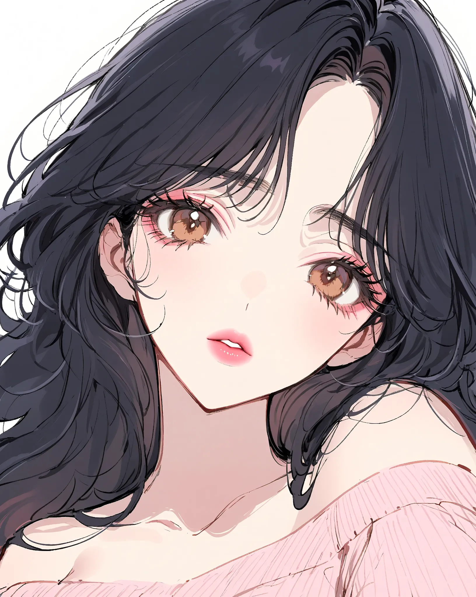 1 woman, high resolution, A delicate body, Long wavy black hair, brown eyes, Pretty, ivory knit off-shoulder,  thick lips , White and clean skin, tall lashes lanterny-like eyes, Light coral pink makeup,  white background,  Large margins ,  sketch, Selfie-l...