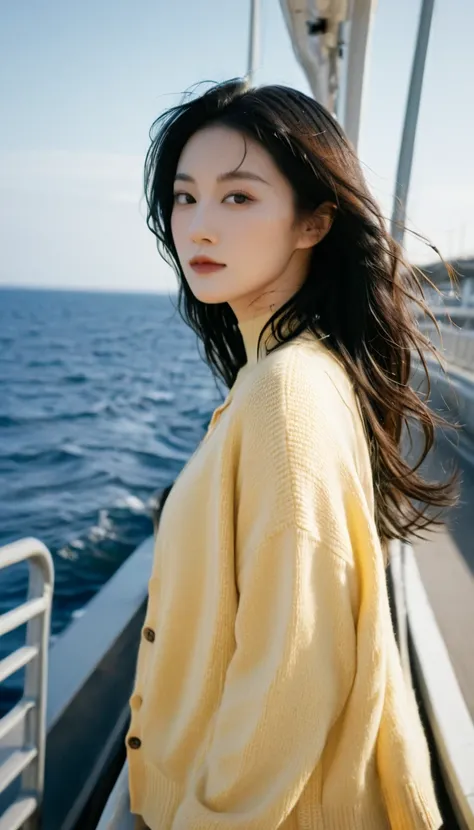 1 girl, alone, Age 30 , happy, Close view ,(adult),semi blonde long black hair, with wind and facing away from the viewer, yellow cardigan, ocean, portrait photo turn around portrait,(in cruiser, outside of cruiser)