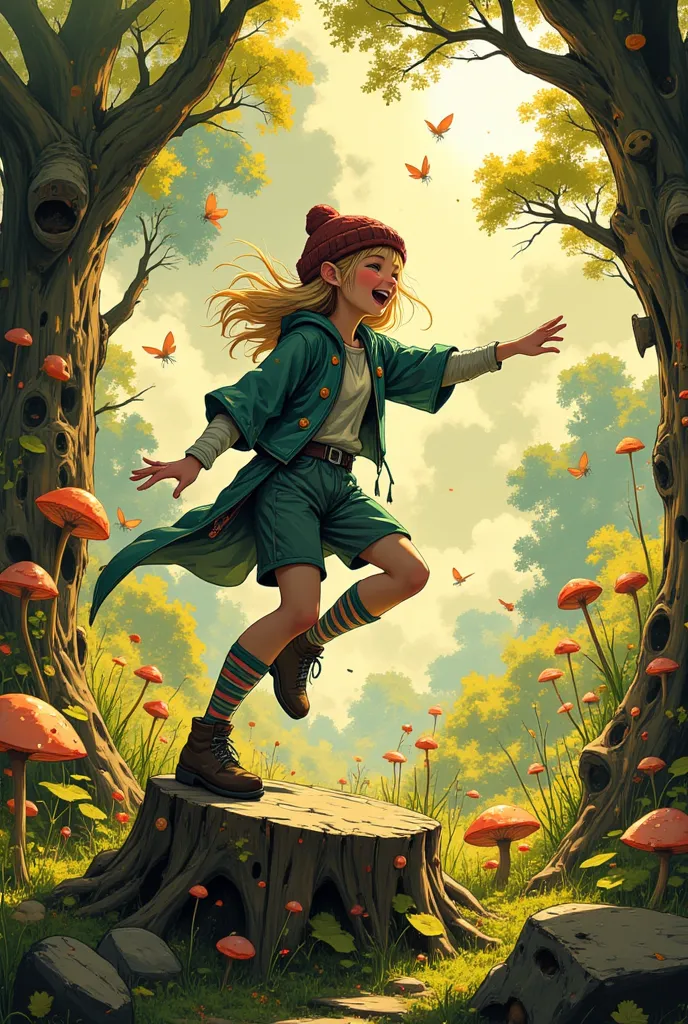 A forest elf in the form of a  dances on an old mossy tree stump in a fabulous forest thicket. A cheerful, infectious laugh. Dynamic jumping pose. Arms and legs in different directions.Expressive facial expressions from laughter. Rosy cheeks, light orange ...