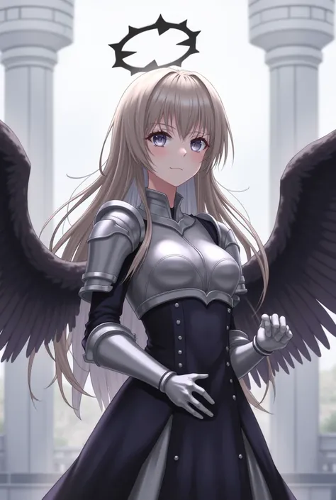 , depth of field, dynamic lighting, brown hair, outdoors, , , blurry background, black halo, white halo 1girl, wings, armor, solo, looking at viewer, shoulder armor, black wings, feathered wings, pauldrons, feathers, breasts, , long hair, grey hair, , gaun...