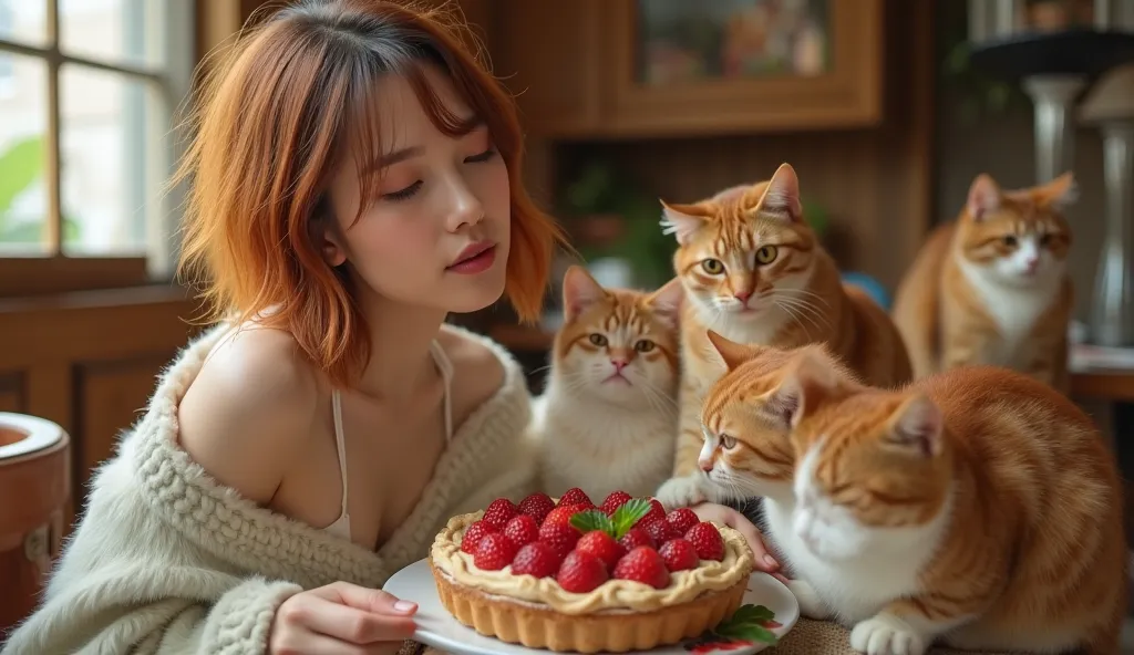 a concept cafe, home-like interior, wooden rustic atmosphere, in the afternoon, cute and vivid decorations on the walls, an elegant young adult lady is flirting with cats, many cats are relaxing on the couch around her, dressed in fluffy warm house clothes...