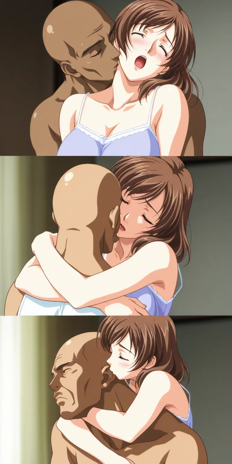 Old male,bald and brown skin, hug from behind, kissing neck, mature female, tachibana hina, camisole, upper body, milf, moaning, soft light, high detailed