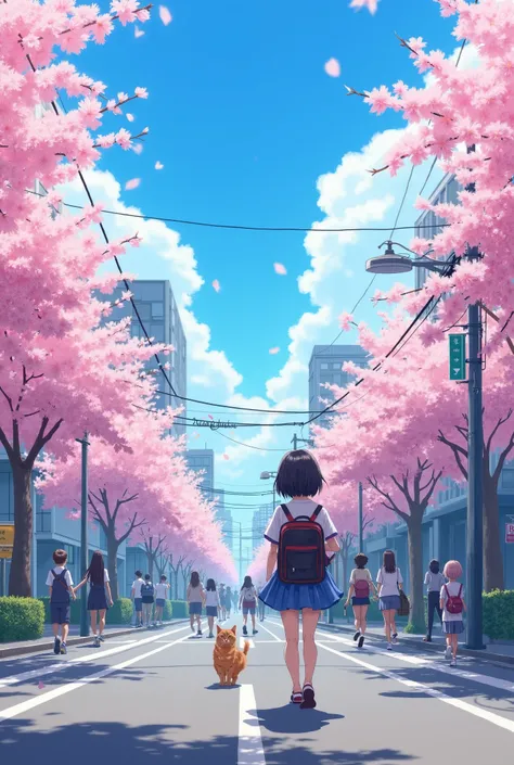 blue sky, pink cherry flowers flying, A japanese  sad girl on school dress also a school bag on her sholder. 32D Boobs,  A cat walking along with thet girl on the Street, some texi, people. Tokyo city. Some other students on the street to.  They are going ...