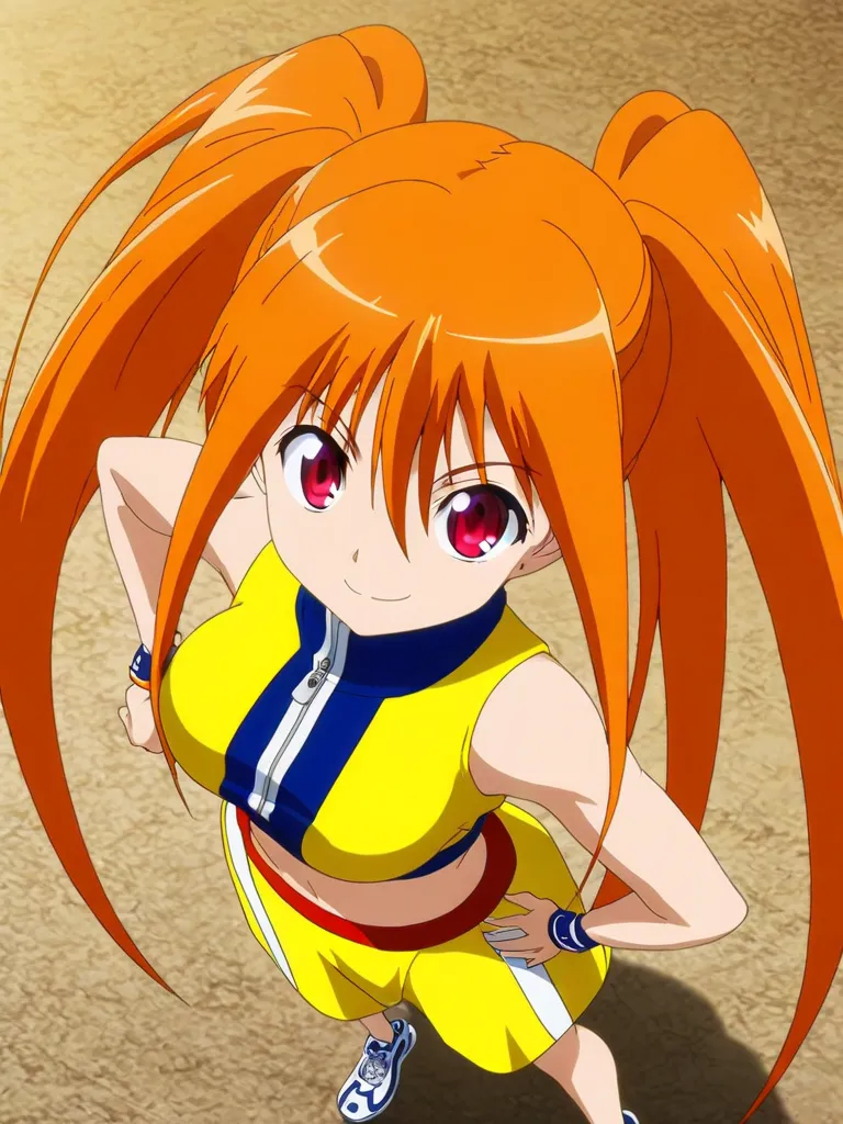  1girl ,Alone,Strong-willed,Winning spirit,midriff,sleeveless,orange hair,long hair,red eyes,slant eyes,hobby anime,anime,smile,sporty,big breasts,twintail,bangs,furturistic,furturistic clothes,full body,right hand on own hip,closed mouth,red and yellow sh...