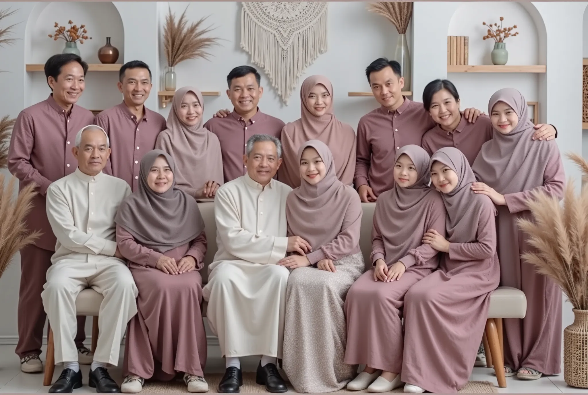 Detailing, A large family portrait consisting of fourteen people with a modern and aesthetic white-toned interior background. They are dressed in matching outfits, with the men wearing dusty pink Muslim attire, while the women wear long dusty pink gowns wi...