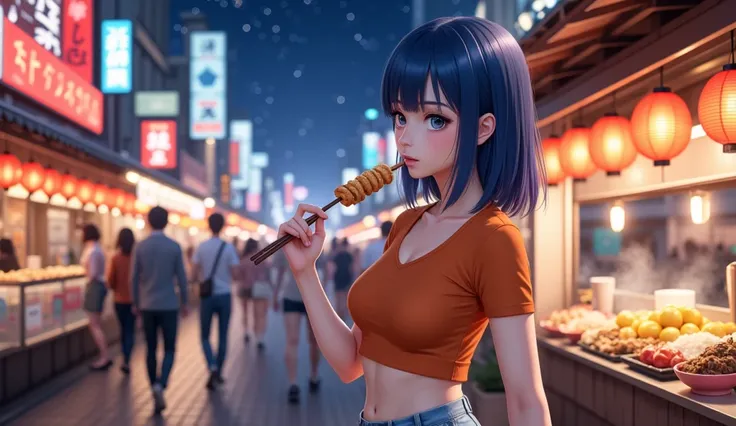  A Japanese-style anime character , 18 years old,  with straight shoulder-length hair , vibrant blue (#549ed9)  and intense blue eyes , is exploring a Japanese night market filled with vibrant lights and food stalls. The atmosphere is lively, with the scen...