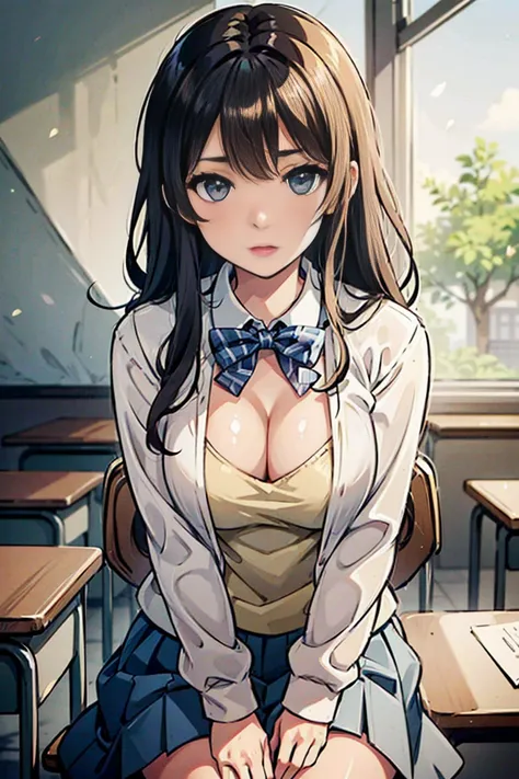  Japanese、 model、 Gold、 long hair、white shirt school uniform、 bow tie、 cleavage visible 、classroom