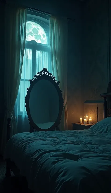 Bedroom image at midnight with haunted mirror.
