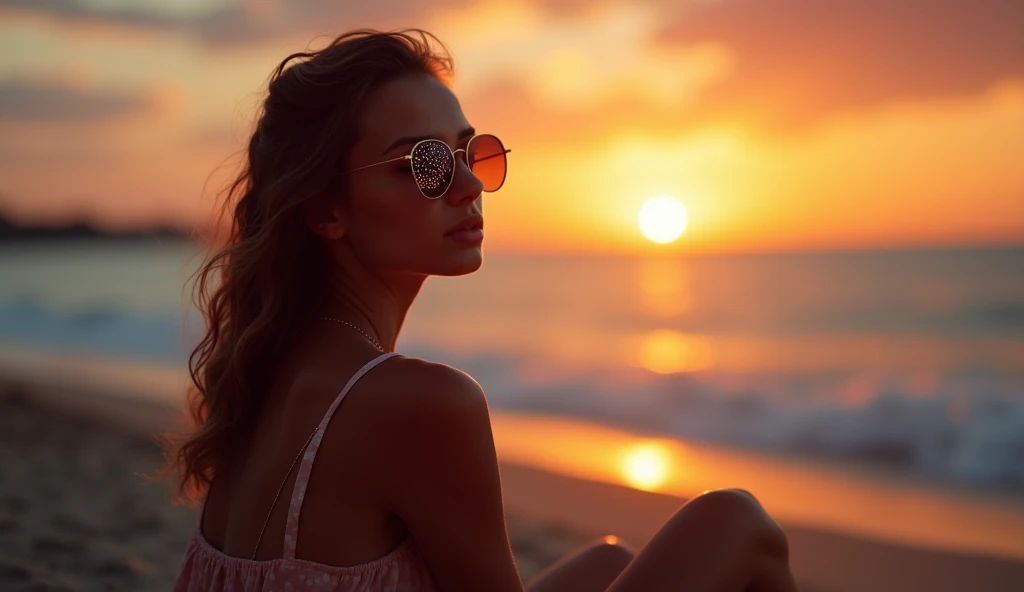 Long shot, wide angle, read image, The model is wearing Photo of a girl sitting by the beach in the evening, beautiful sunset light. She sits with her back to the screen. facing the sea. sunset tonesglass sunglasses with stars and the moon on the glass