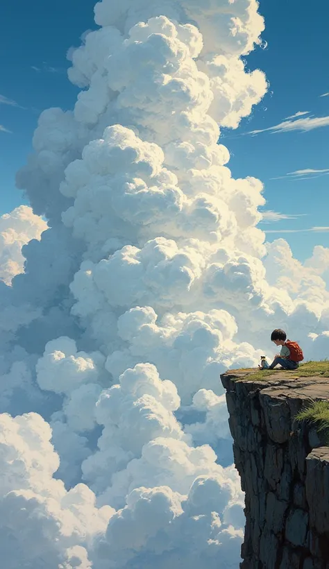 There is a sea of clouds , cloudy gray sky ,  textured anime-style clouds , a painting of a boy sitting with a dog on the edge of an abyss!! (((The  has to be at the bottom of the picture)))) looking at a vast sky , anime landscape,  inspired by the Hildeb...