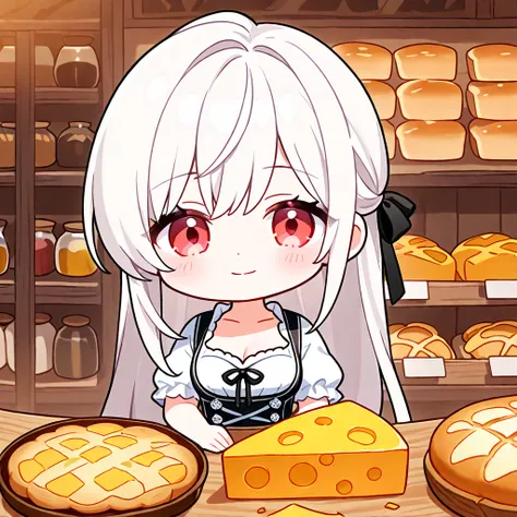 1girl, solo, (chibi), white hair, black ribbon, (half closed eyes:0.4), (light red eyes:0.4), broken town,  black dirndl, cheese and bakery shop, light smile,