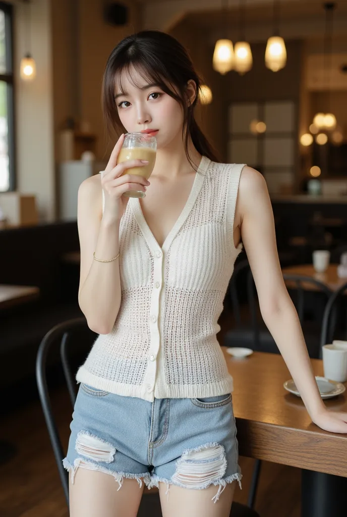 Create an image of a cute woman wearing a thin, loose knit sweater that is just long enough to cover her buttocks. She is standing at a café counter, crossing her legs and sticking her hips out. She is sipping on an iced café au lait. The setting should be...