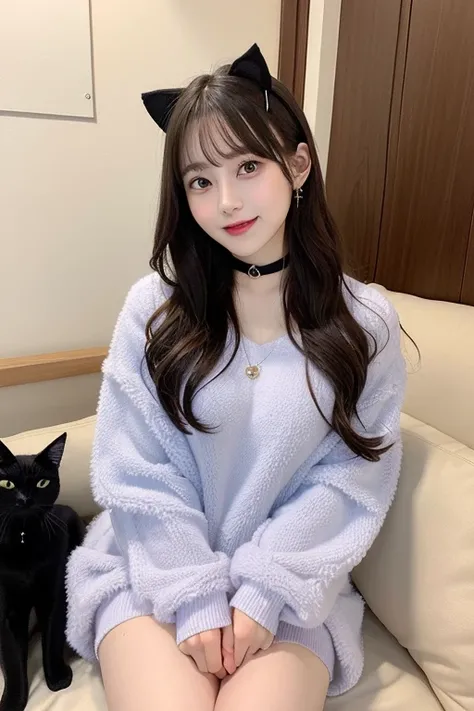  high resolution,  top quality ,   perfect dynamic configuration ,   beautiful eyes in every detail , 、 shiny hair、  medium hair,   natural colored lips,   college aged、smile、Nogizaka、plump、I'm wearing a fluffy long sleeve dress、 The interior is unified in...