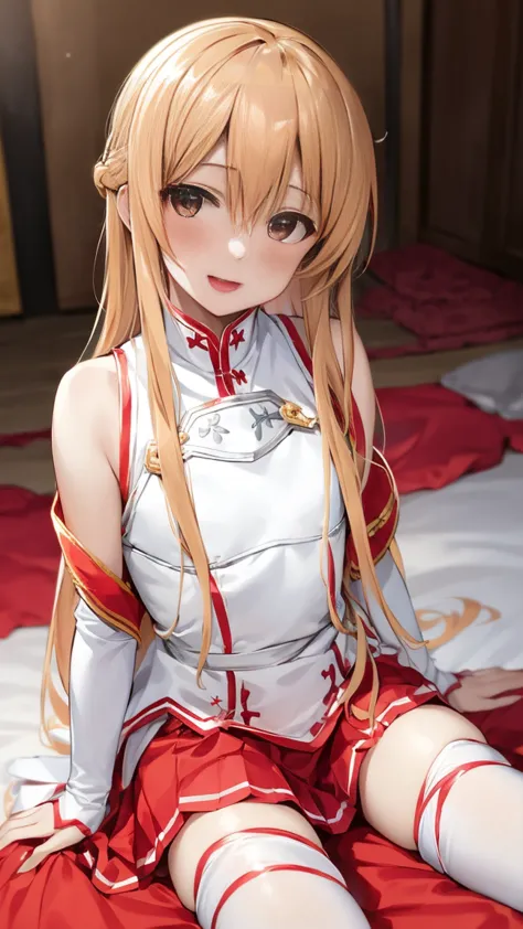 ((Best Quality)), ((masterpiece)), (be familiar with), Perfect Face, indoor, bedroom, Watching the audience,
One woman, Yuuki Asuna,
Open Mouth, Ecstatic expression, blush, smile,
Small breasts, Flat Chest, , , , Girl,
Long Hair, Long Hair,
Leg spread,