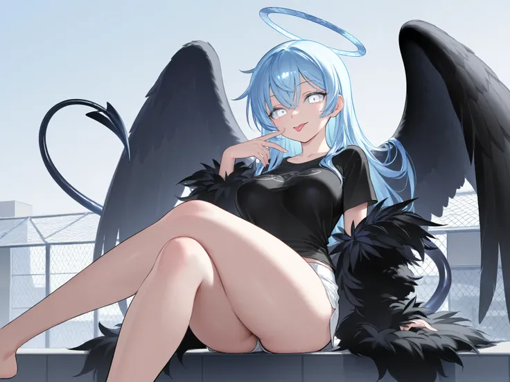 Best Picture Quality、 ultra-fine in 8K、 Diamond Blue Hair 、White Eyes、Feather coat、 Black Angel Wings 、Alien Tail、rooftop、、 black t-shirt、Dabodabo pants、Beautiful breasts、 best thighs、high resolution、 cool face、Tongue out