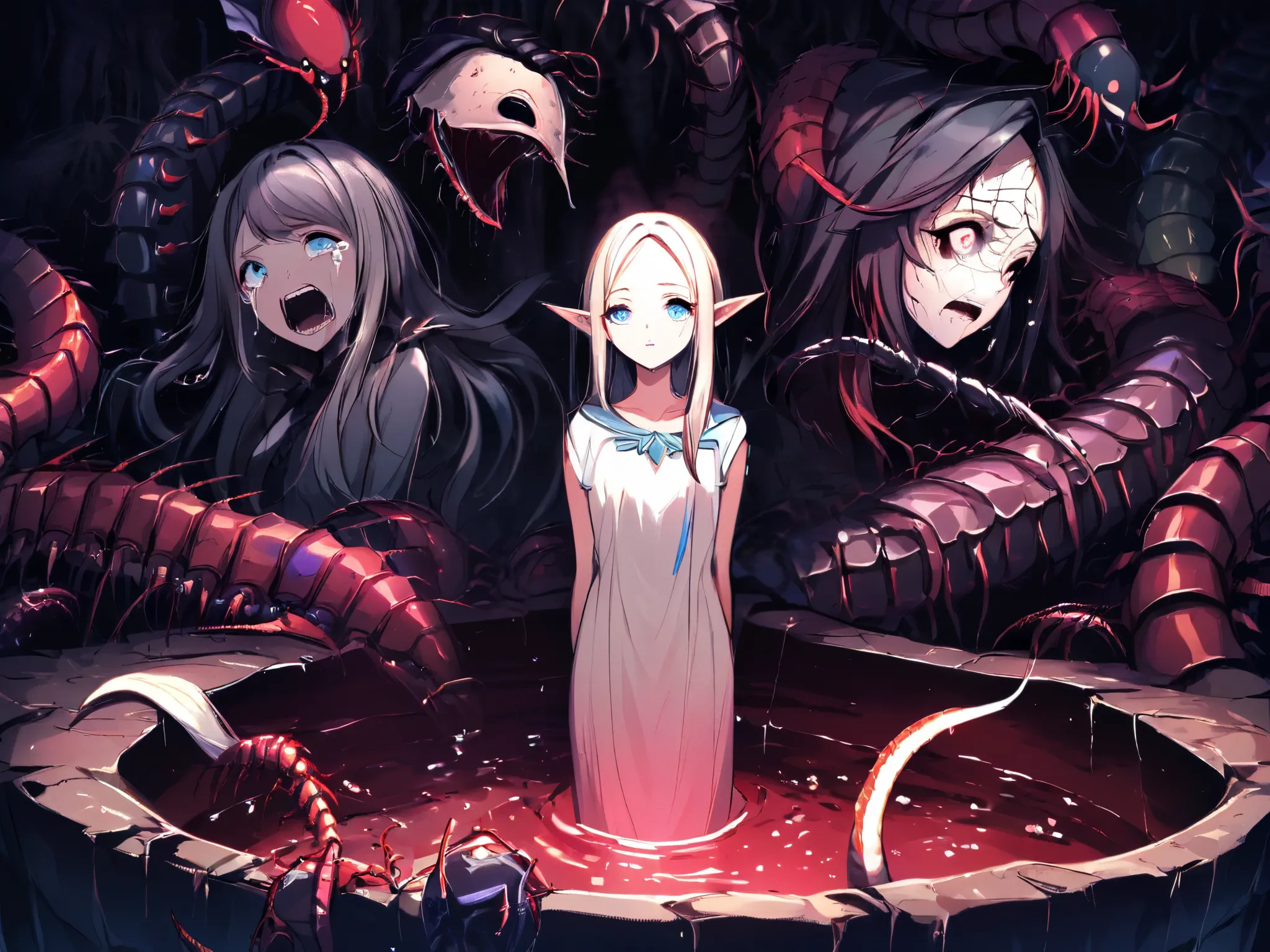 masterpiece,best quality,amazing quality,very aesthetic,beautiful eyes,beautiful skin,beautiful hair,beautiful face,clear face,annelid pit, insect pit, centipede pit, worm pit, 2elf girls, cute,slender, drown, scary, cry, tears, horror, lovecraftian