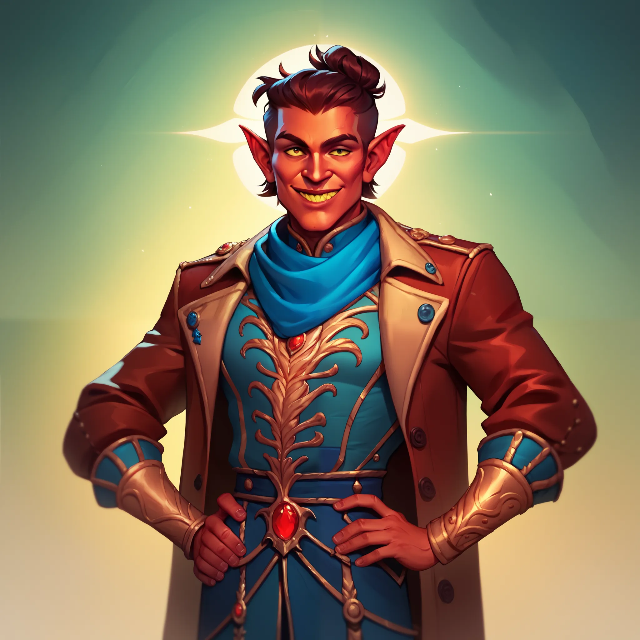 (((beautiful, high quality))) hobgoblin, male, flamboyant but worn captains coat, rapier on hip, big smile, scarlet red skin, blue and gold scarf, long pointy ears, puffy hair, golden tooth