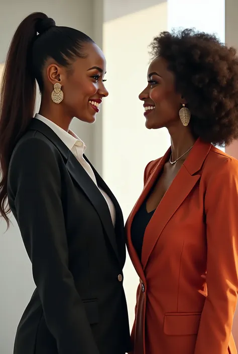 genere moi une image de deux femme a la peau noir en costume souriant en se fasant face de profile
