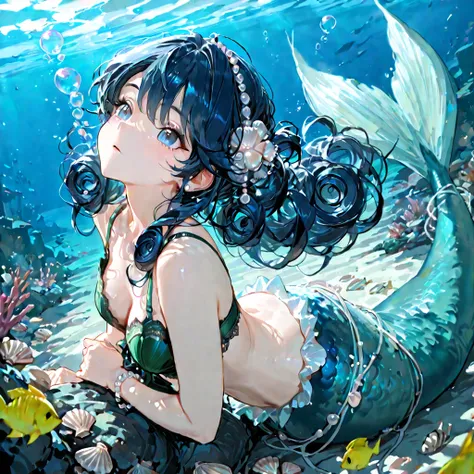 4k , 8k , Ultra-detailed , best-Quality , ((1 mermaid with a tail colored in green tones)), (hairstyle: long curly dark blue hair with blue eyes) , ocean, Extremely detailed, dinamic angle , seafoam, bubbles, Shells, Fish, pearls , underwater landscape env...