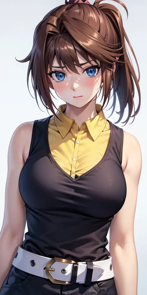   1 female,  high definition, High resolution ,    ultra-realistic    ,8K, bbmazaki  ,   ponytail  ,  , blue eyes,  yellow shirt,collar,     Sleeveless  , bracelet,   belt, falda rosa,   big breasts,European,sexy,  Close-up of the upper body ,    photograp...