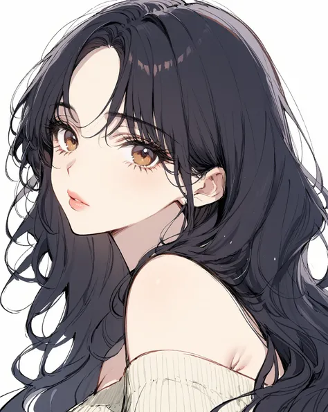 1 woman, high resolution, A delicate body, Long wavy black hair, brown eyes, Pretty, ivory knit off-shoulder,  thick lips ,  clearly visible , White and clean skin, Tight raised lashes,  white background,  Large margins ,  sketch