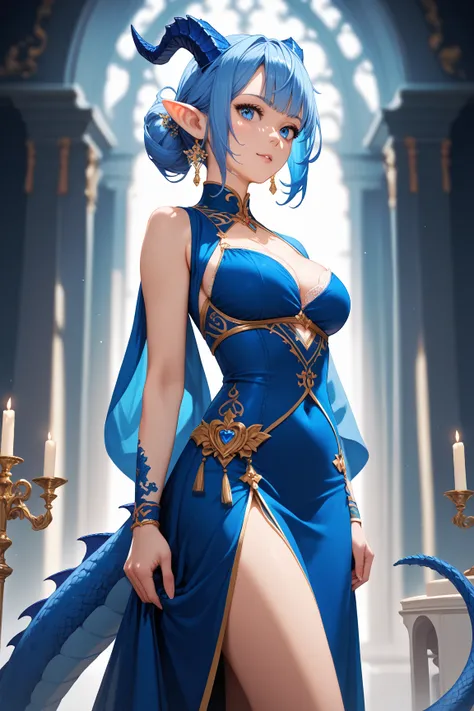 (masterpiece, best quality, detailed), blue dragon girl, blue hair, blue eyes, blue dress, blue dragon tail, anatomically correct, cowboy shot, standing in front of a large blue dragon in the background, matching colors with the blue dragon girl, dramatic ...