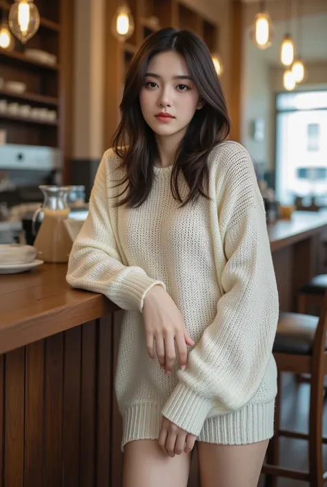 Draw a picture of a beautiful woman wearing a thin, loose knit sweater that is long enough to cover her buttocks. She stood at the cafe counter, crossing her legs and jutting out her hips. He was holding a glass of iced café au lait. The setting should be ...