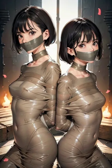  girls on the left, Mummified, bitten by a monkey,  Adhesive tape, Arms folded behind back,  with dark hair,  short hair, , Huge vault, Delgado, Impromptu jokes,  tape gag , bitten by a monkey, Adhesive tape, Bondage with tape、She hangs in the air。Hang it ...