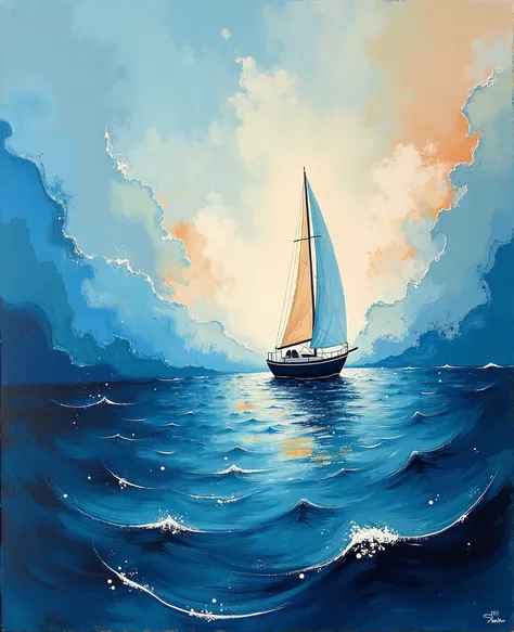 An abstract acrylic painting with broad brushstrokes: A small boat sailing freely against a moving background where sky and waves intertwine.