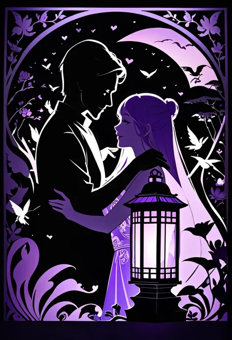 cutouts and shadow puppets on a black backing, depicting love between man and woman, and the light of a purple lantern.