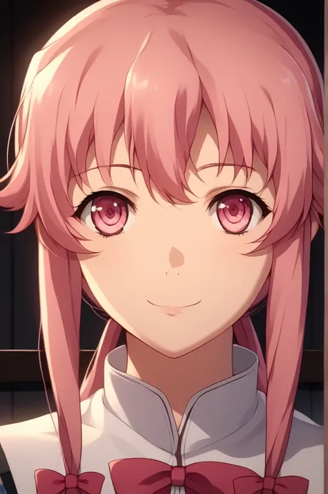 The character Yuno Gasei from Mirai Nikki, Gasei Yuno ,  masterpiece,  have anatomically correct,  best quality, Blood-stained clothing ,  Katana in hand ,  smile,   pink hair, , Pink eyes, dark room,  looking at the viewer , Verführerisches  smile, Behind...