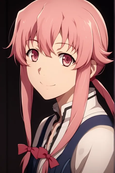 The character Yuno Gasei from Mirai Nikki, Gasei Yuno ,  masterpiece,  have anatomically correct,  best quality, Blood-stained clothing ,  Katana in hand ,  smile,   pink hair, , Pink eyes, dark room,  looking at the viewer , Verführerisches  smile, Behind...