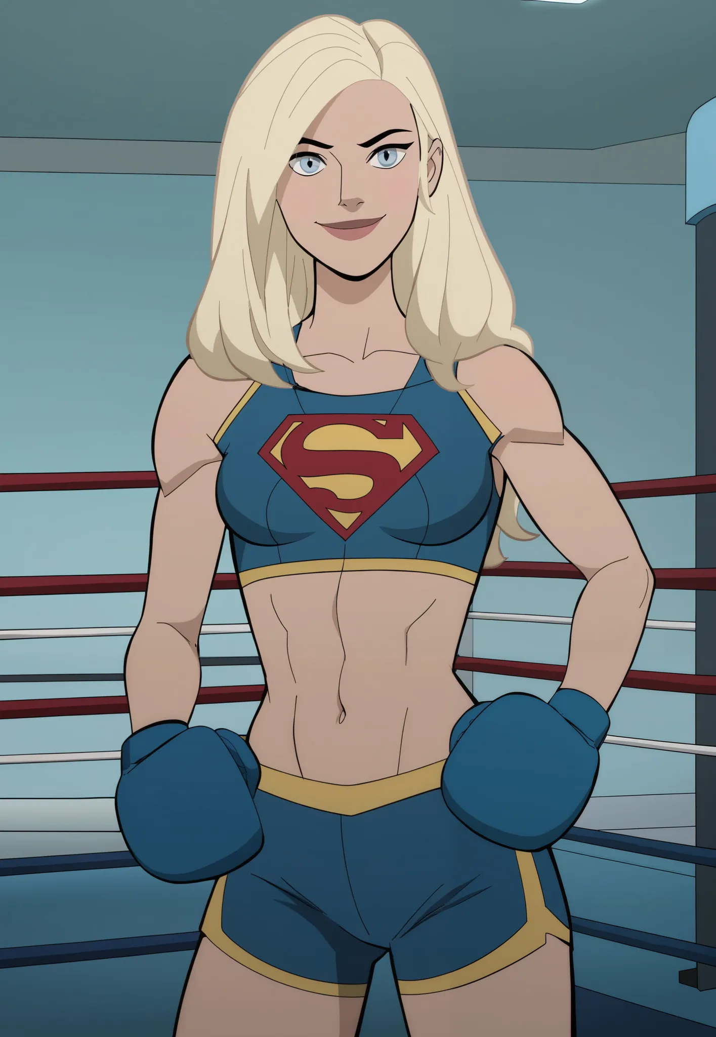 score_9, score_8_up, score_7_up, source_catoon, supergirl, grey eyes, blonde hair, long hair, medium breasts, blue sports bra, blue boxing shorts, blue boxing gloves, boxing ring, gym, confident expression, standing, looking at viewer, smile, closed mouth,...