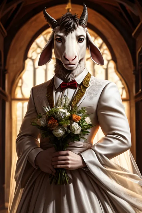 solo, male, A male goat in a wedding dress, realistic stick high res,  Masterpiece, accurate,  high quality, very detailed,  textured skin, 