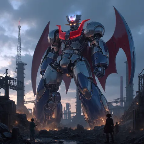  Modified Mazinger Z ,  Mazinger Z is 100 meters tall.   is built with modern materials such as steel ,   Carbon Fiber  ,   Other industrial elements are also visible  ,  Just like the real thing  ,   I'm standing in front of a tall tower where high voltag...