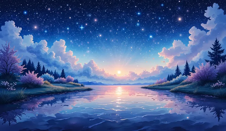 Top-down view of a vast, tranquil lake at night, its smooth and glass-like surface reflecting the star-filled sky with stunning clarity. The water is deep and dark, with subtle ripples and variations in texture that create a realistic and immersive effect....