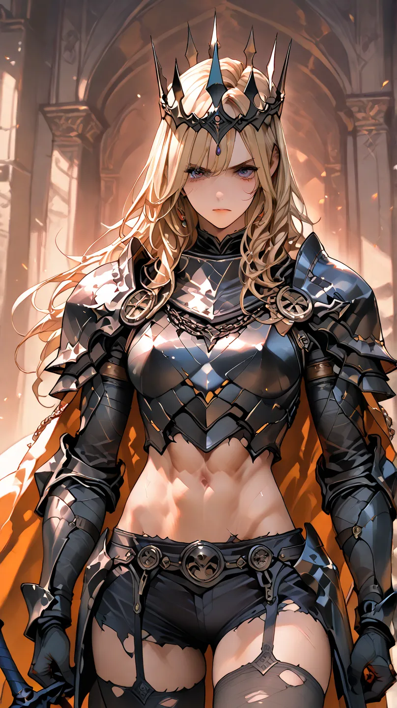 , BLONDE WOMAN, black armor, Black pointed tiara crown, black sword with orange foil, bright orange details on the armor, abs outside, visible abdomen, exposed abs, short shorts, ripped black tights