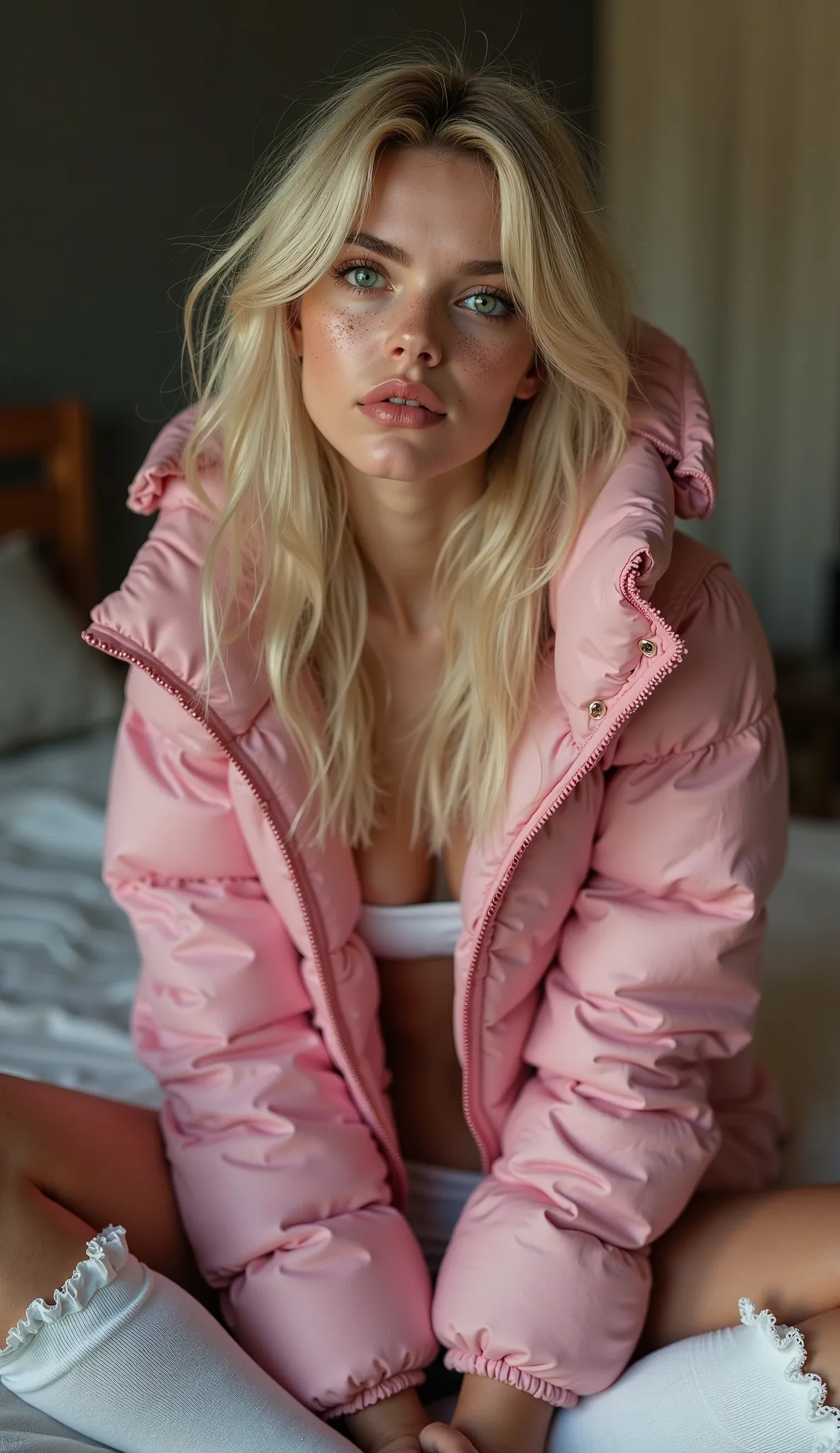 

sexy  girl, ponytail, girl, beautiful, beautiful face, pale skin, freckles, blonde hair, water green eyes, lábios carnotdos e brilhantes, big lips, thick lips, parted lips, light pink gloss, skinny thighs, petite body, skinny, long pink nails, choker, La...